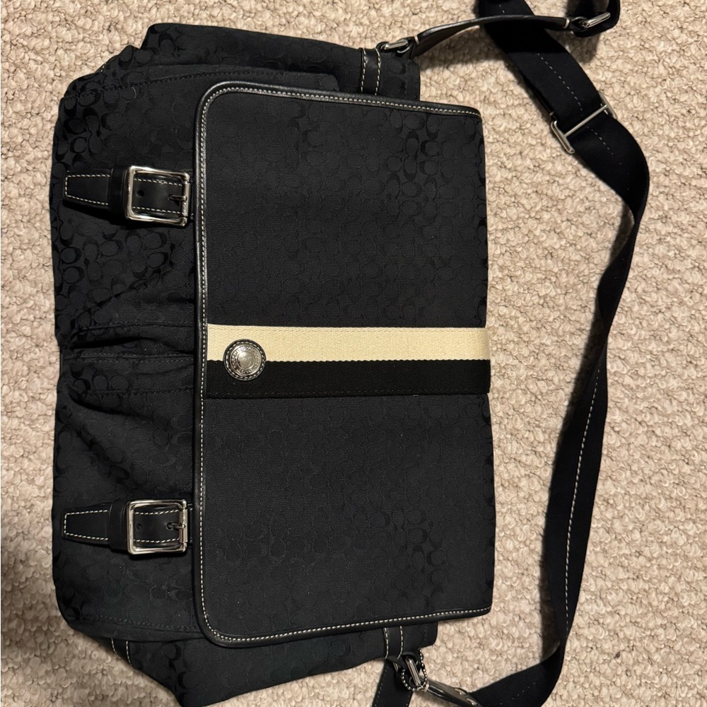Coach Black and Cream Messenger Bag with Flap Closure